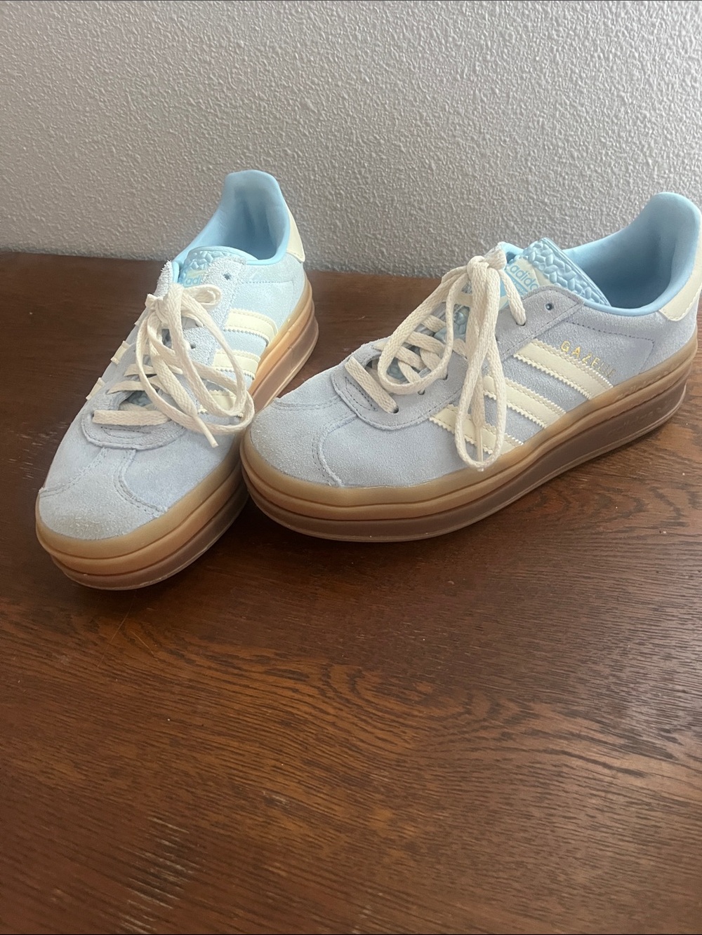 adidas gazelle  Light Blue Suede Platform Sneakers with Cream Stripes size 6.5